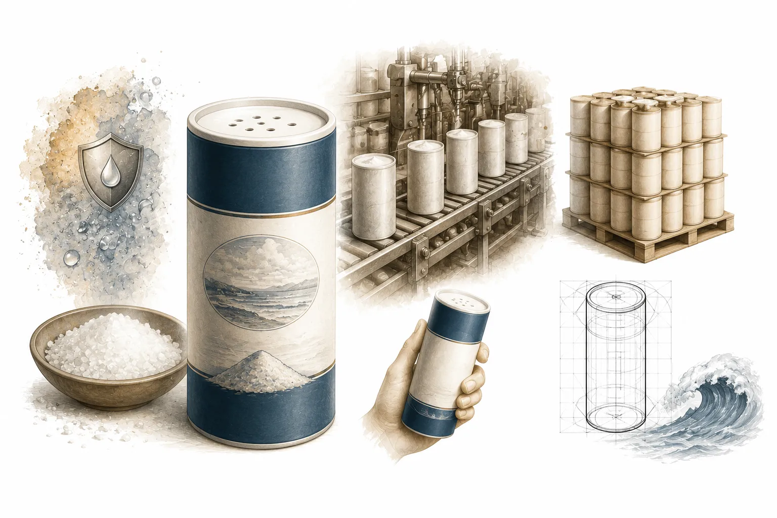 Editorial illustration of the iconic blue Morton salt cylinder with a magnified view of the aluminum pouring spout