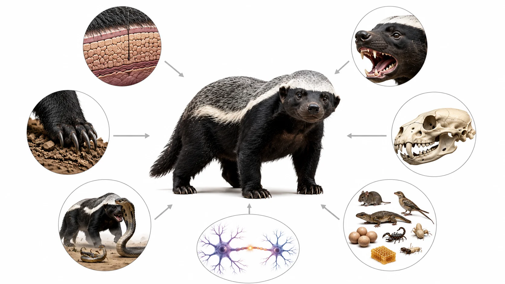 Labeled diagram of a honey badger showing its thick loose skin, powerful claws, strong jaw, and other key physical defenses