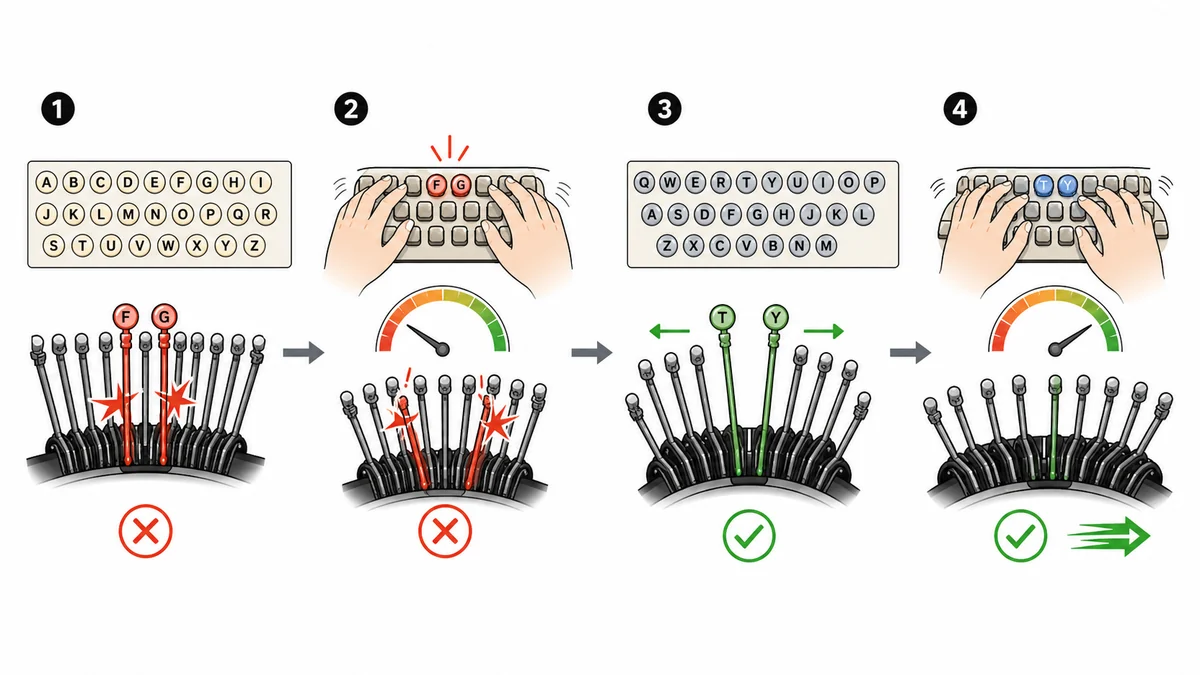 Infographic showing typewriter key jams and the move from alphabetical keys to the QWERTY keyboard layout