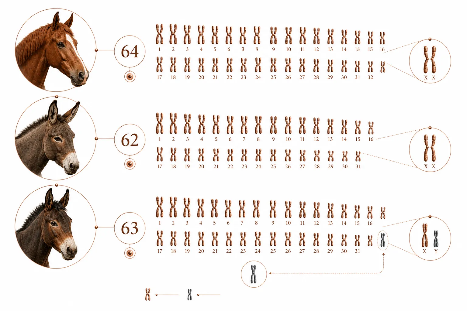 Diagram showing chromosome pairing in horses, donkeys, and mules during meiosis