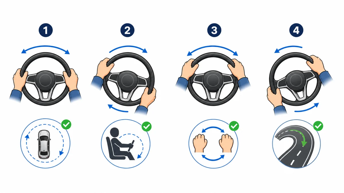 Infographic showing hands turning a round steering wheel through continuous rotation