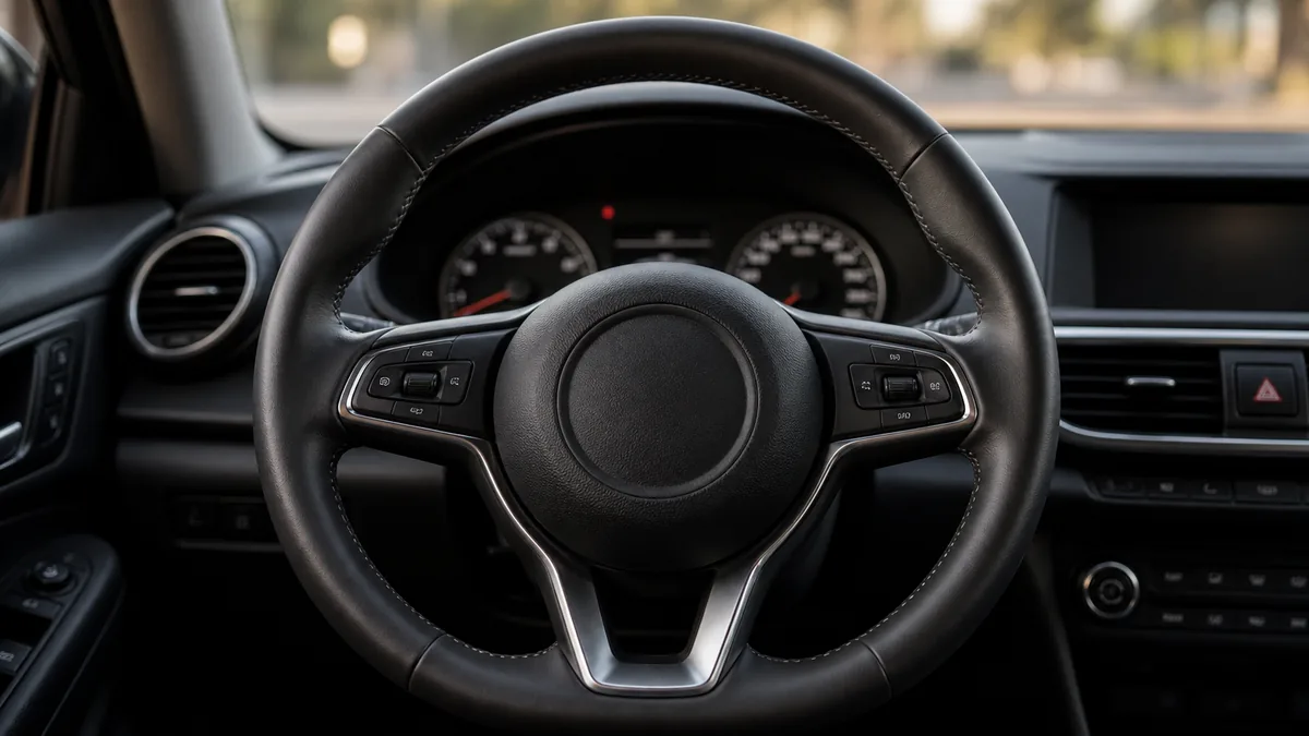 Close-up of a round steering wheel inside a car