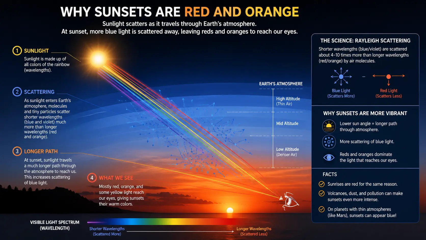 Diagram comparing the short overhead path of midday sunlight versus the long horizontal path of sunset sunlight through the atmosphere