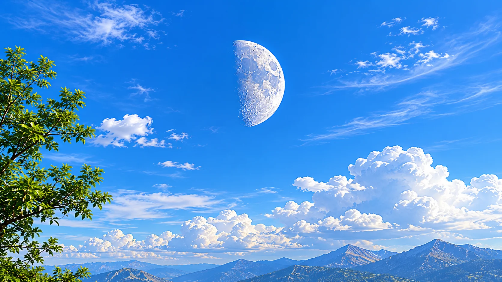 Half moon visible in a bright blue daytime sky