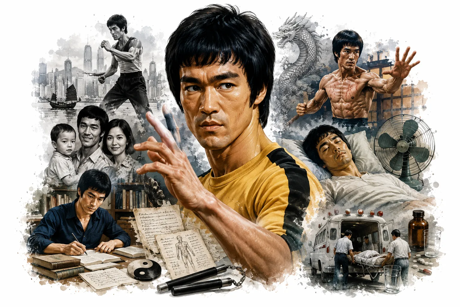 Editorial illustration of Bruce Lee in his prime with a clock showing the time running out