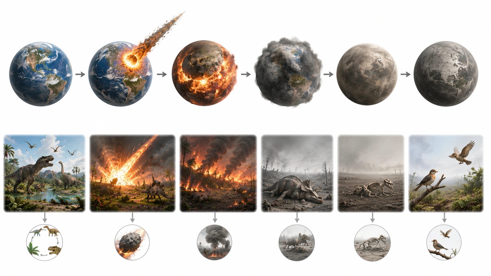 Timeline diagram showing asteroid impact, ejecta cloud, impact winter, food chain collapse and extinction of non-avian dinosaurs