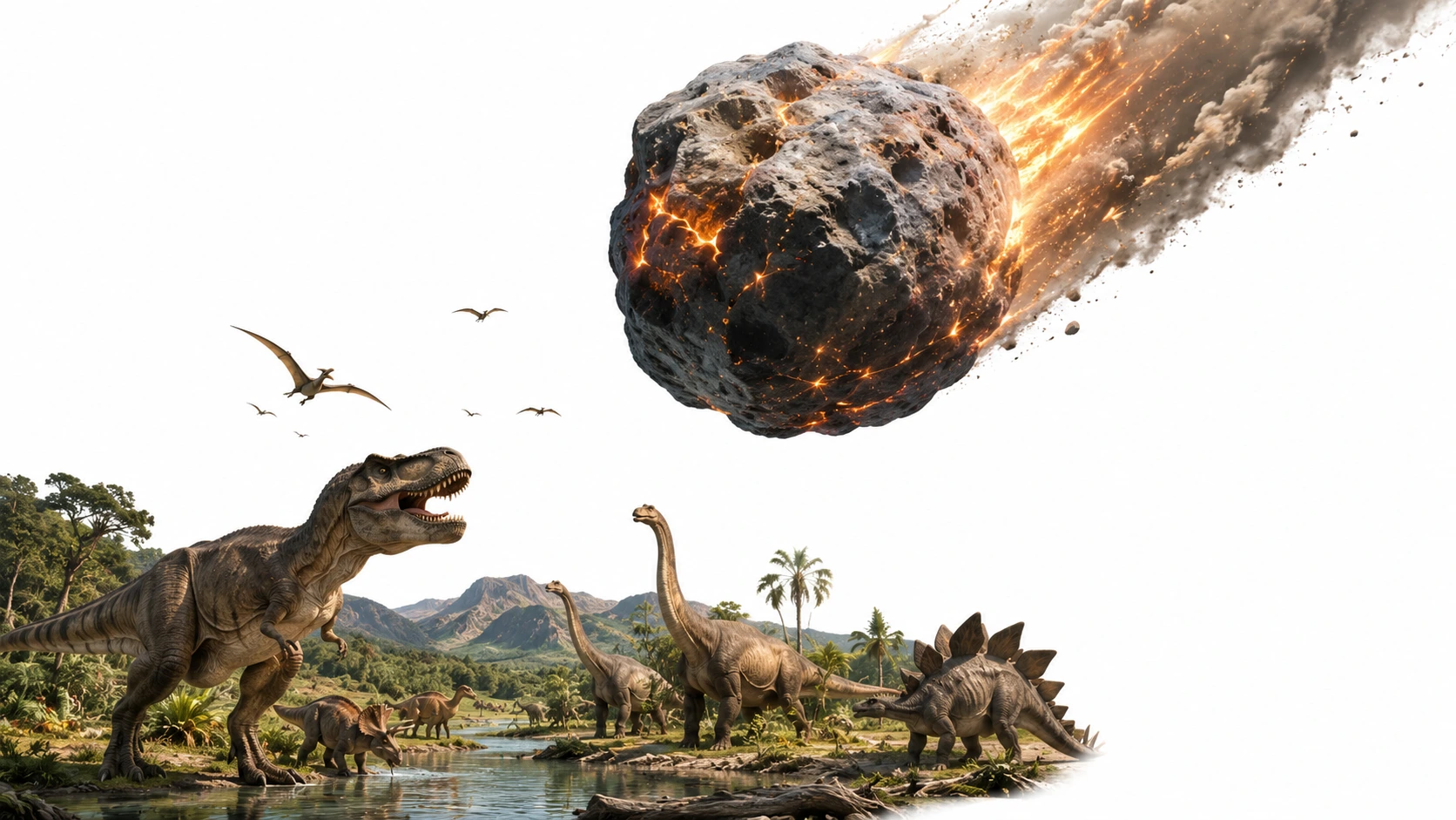 Asteroid impact over a prehistoric landscape with dinosaurs silhouetted against a fireball sky