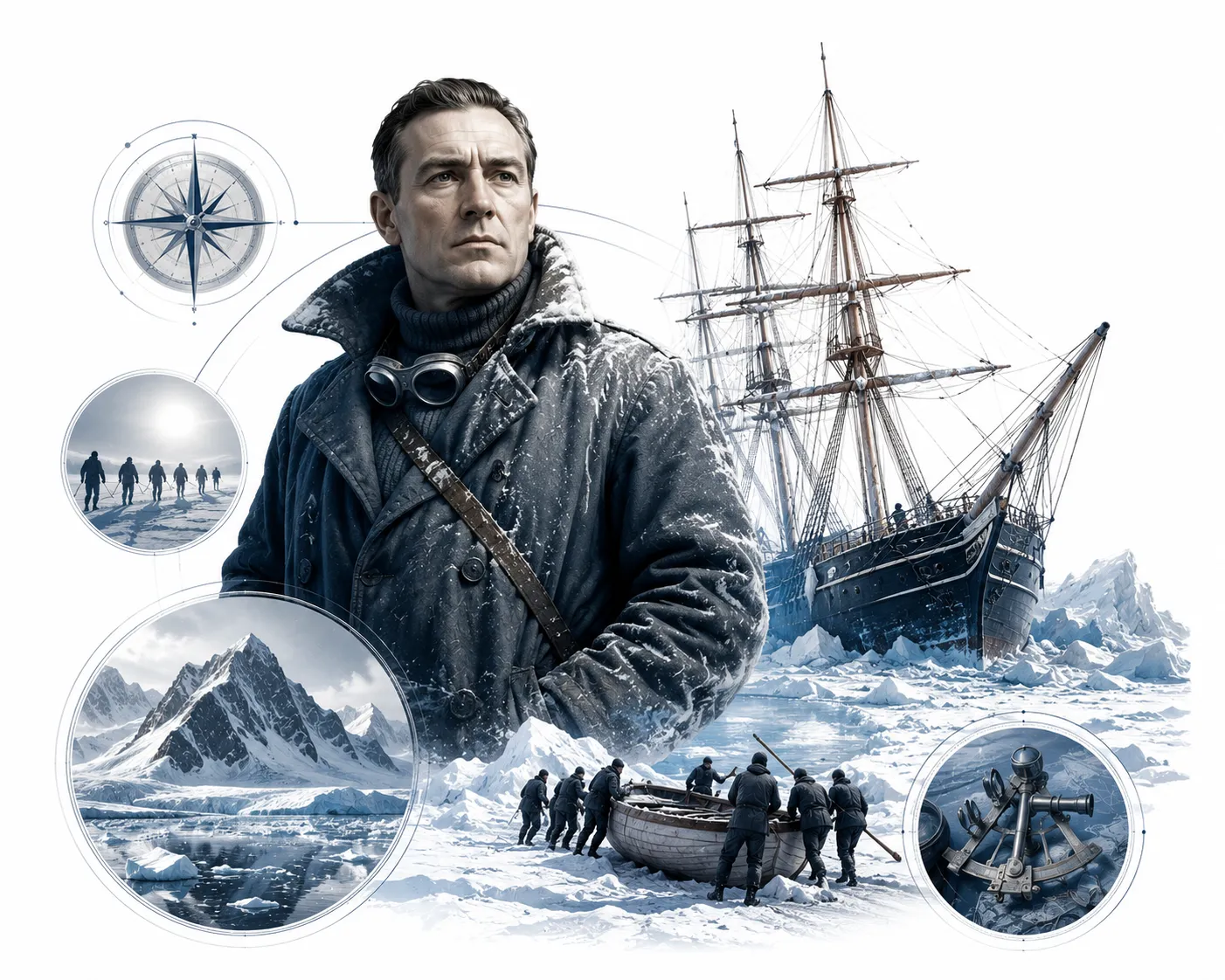 Editorial illustration of Shackleton's ship Endurance trapped in ice