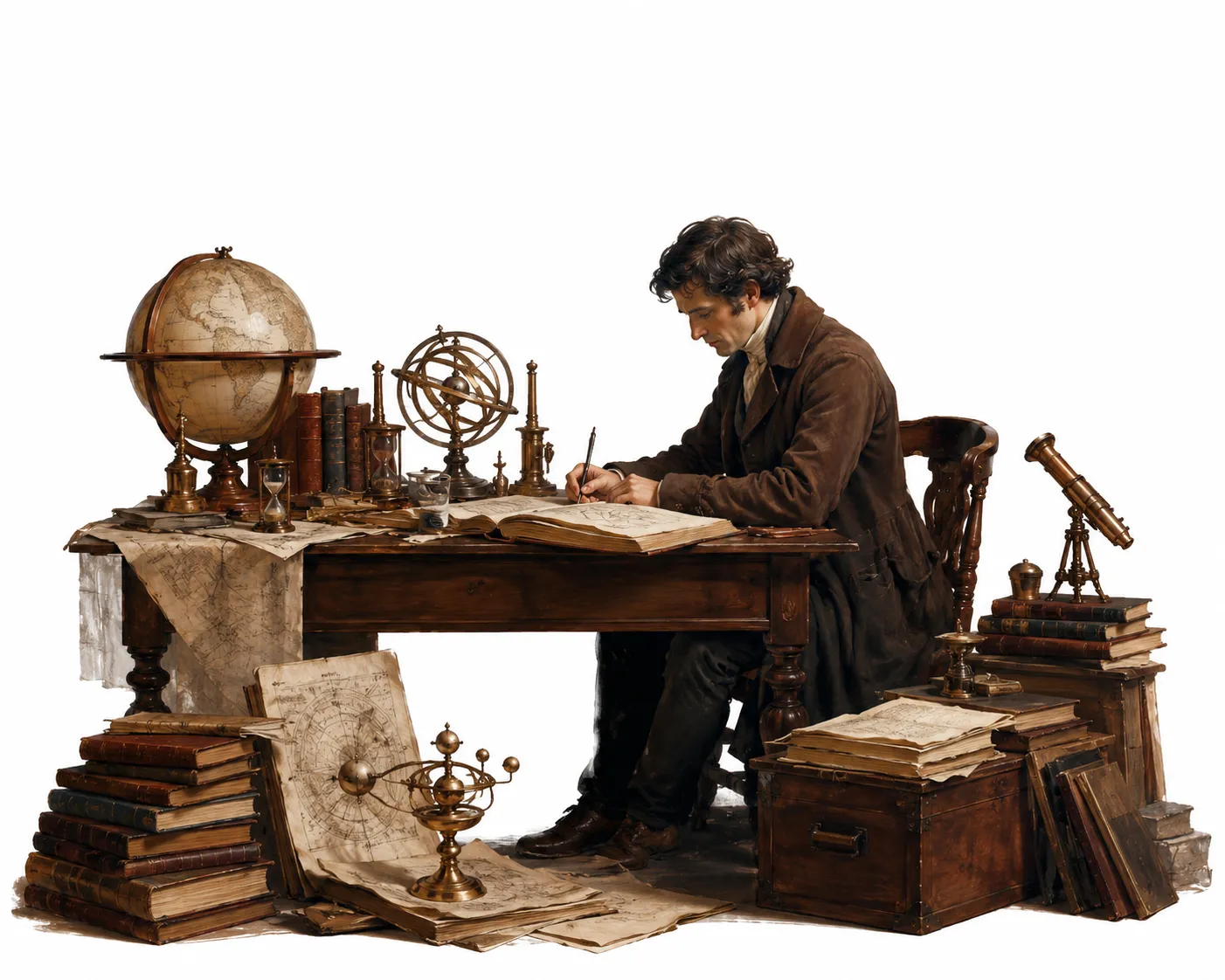 Editorial portrait-style illustration of Newton alone at his desk, papers and instruments around him