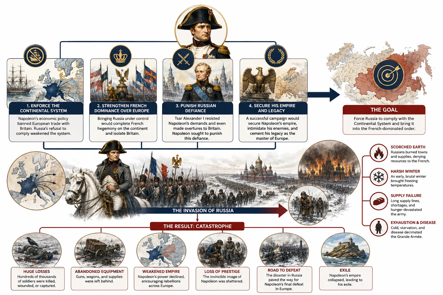 Map diagram showing Napoleon's route into Russia and the catastrophic retreat