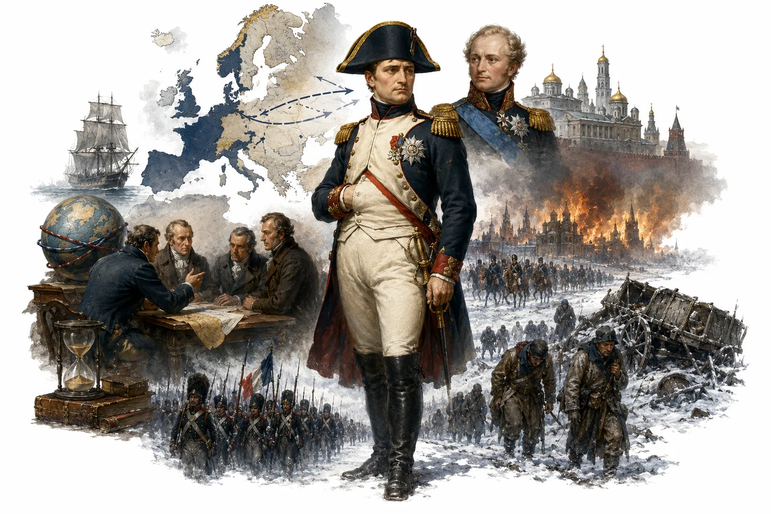 Editorial illustration of Napoleon's army retreating through the snow