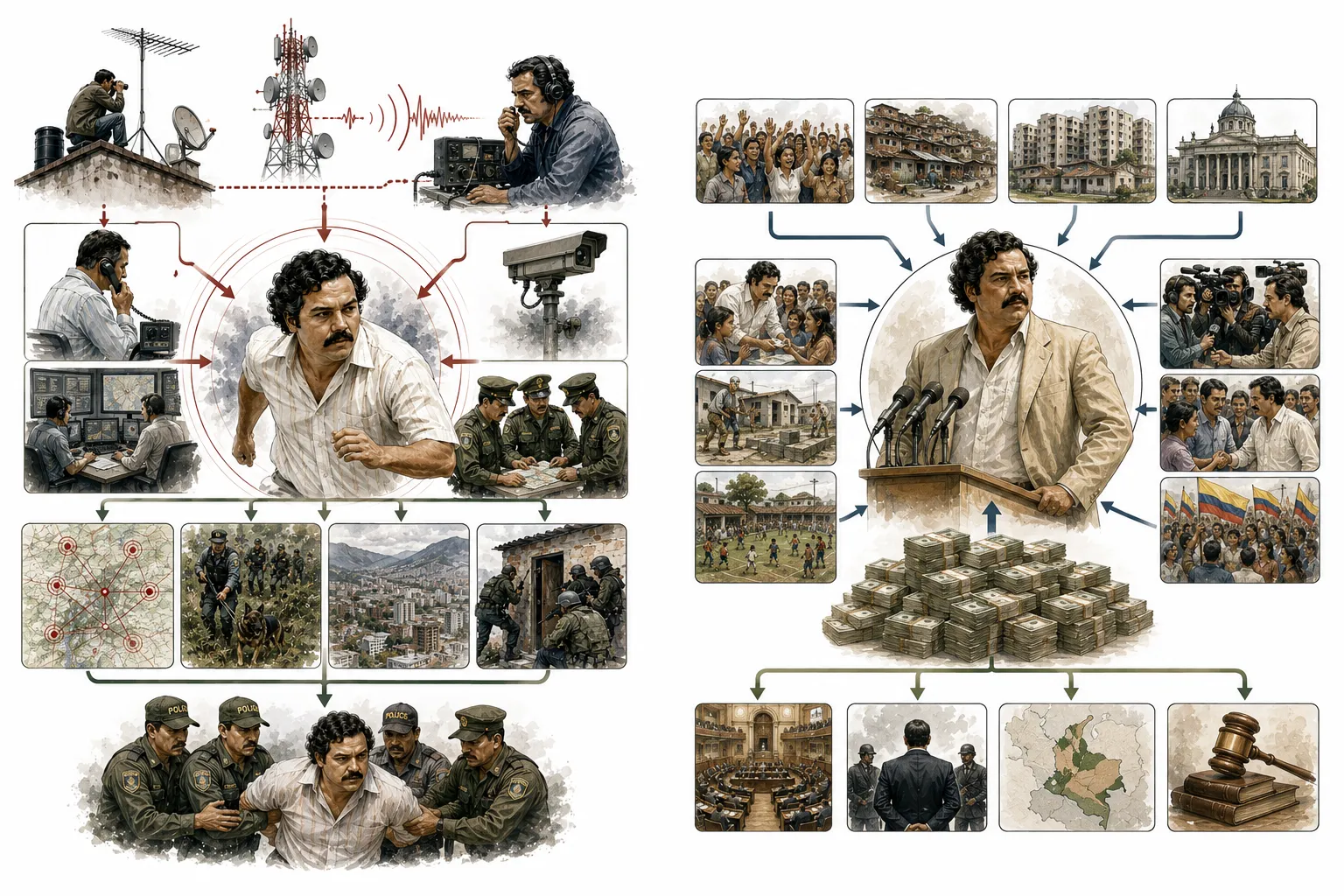 Timeline diagram showing Escobar's political career and its collapse