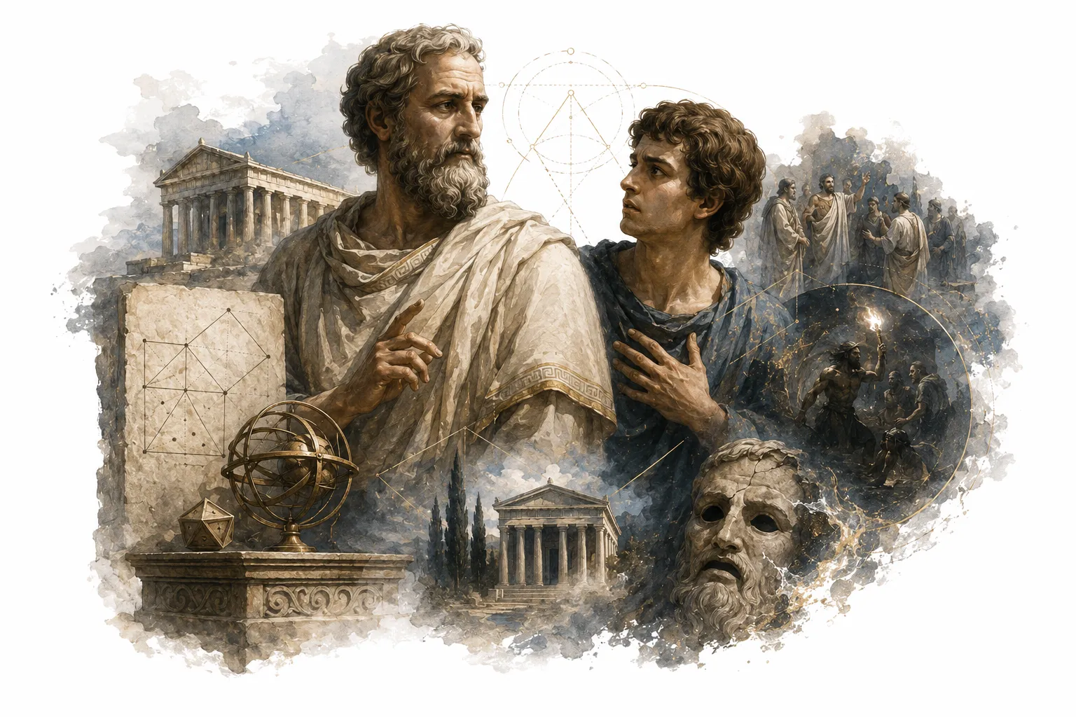 Editorial illustration of Pythagoras throwing a student off a boat into the sea