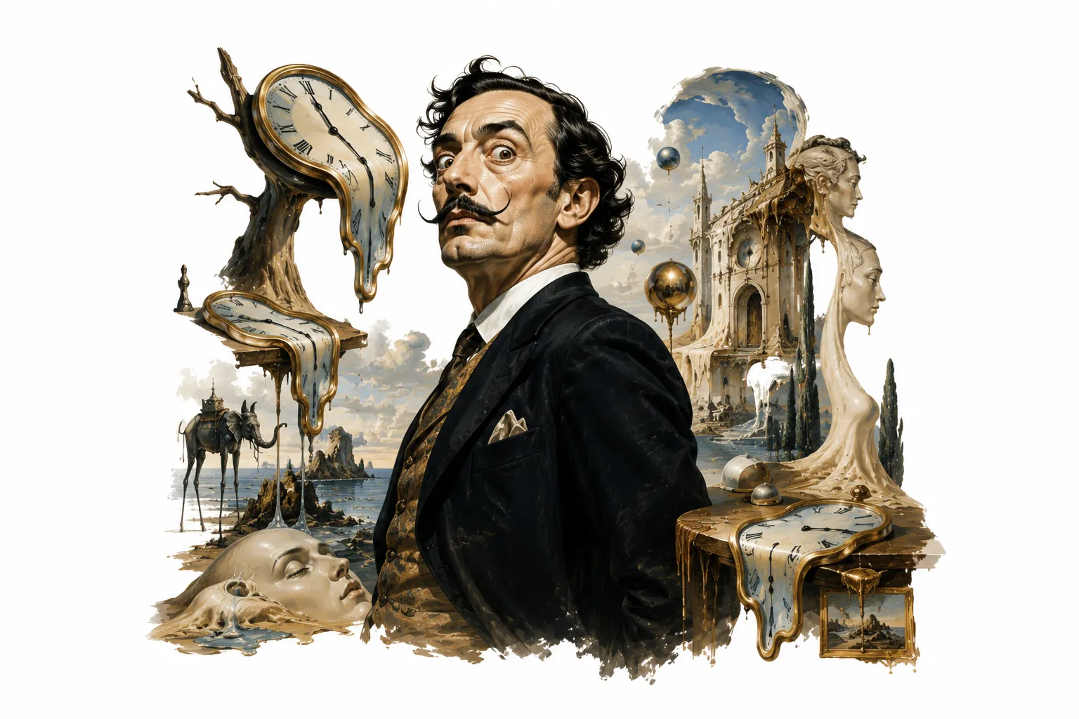 Editorial illustration of Dali's melting clocks in a surreal landscape