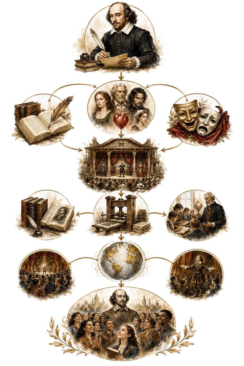 Timeline diagram showing Shakespeare's life, posthumous fame, and global spread