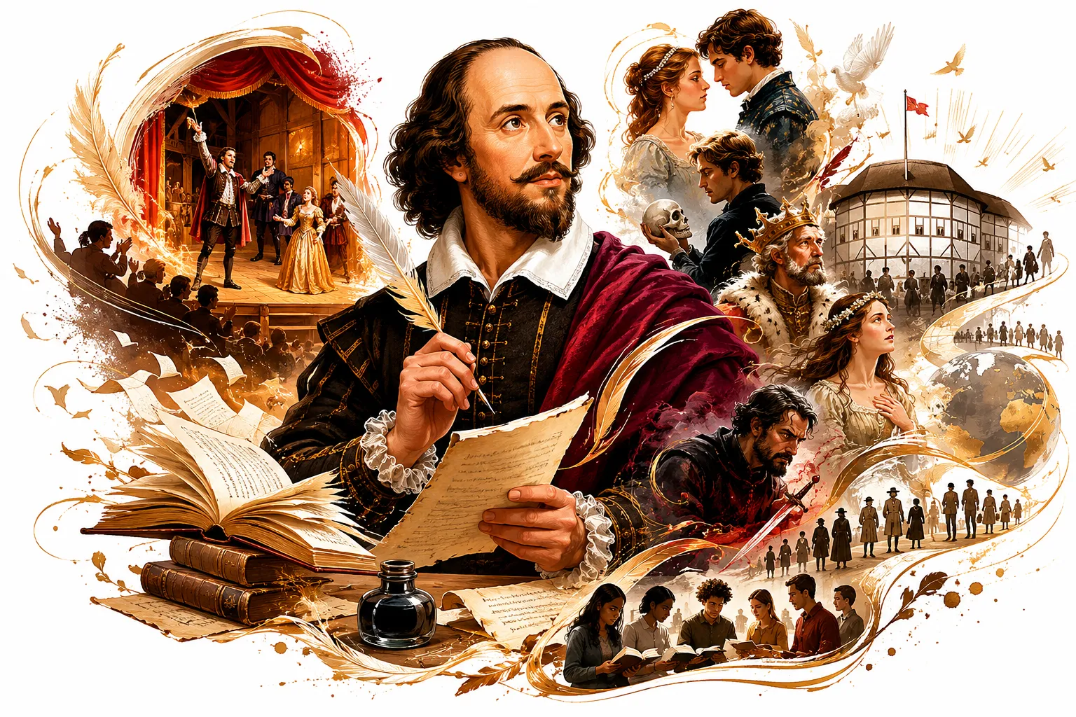 Editorial illustration of Shakespeare writing at a desk with a quill