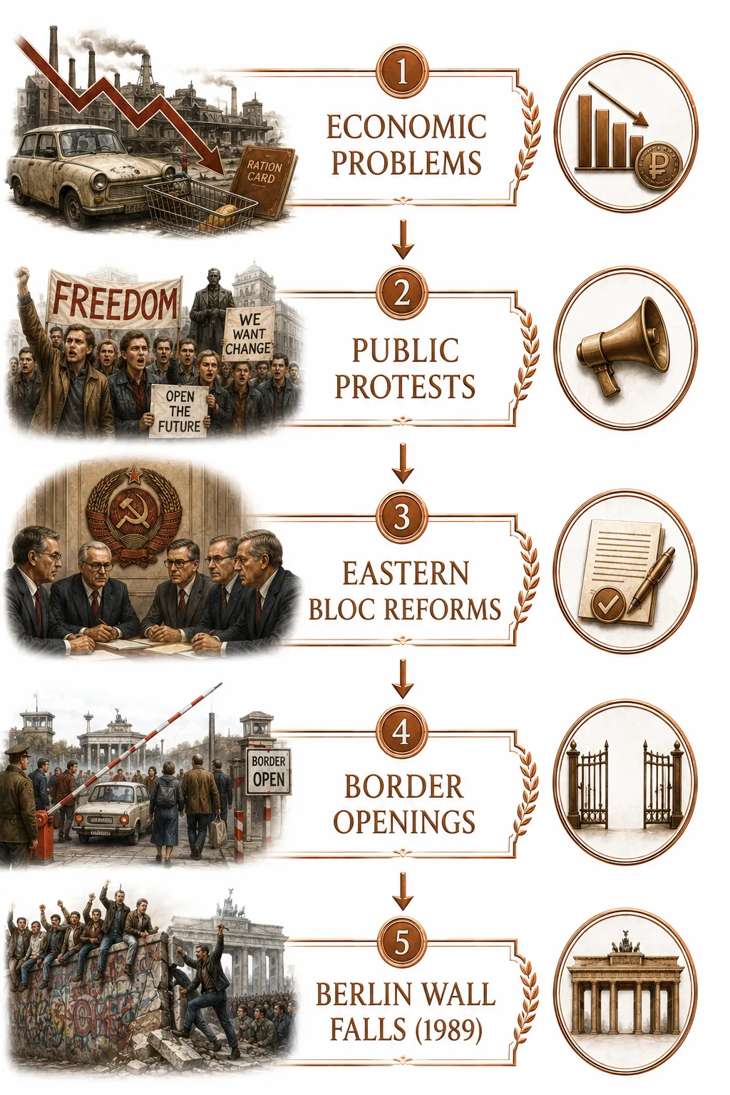 Flow diagram showing Schabowski's press conference and the resulting rush to the wall