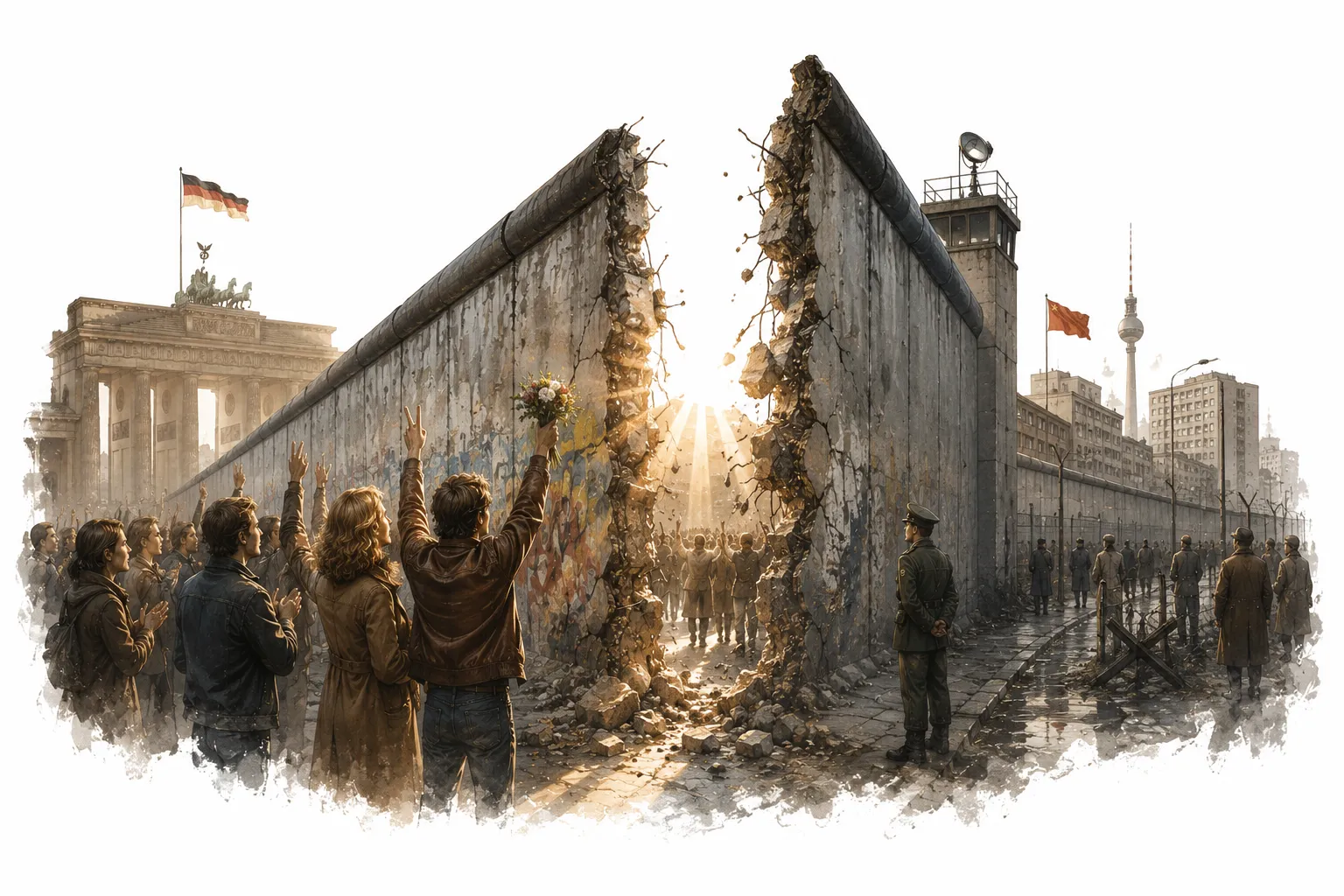 Editorial illustration of East Berliners crossing through a checkpoint in the Berlin Wall