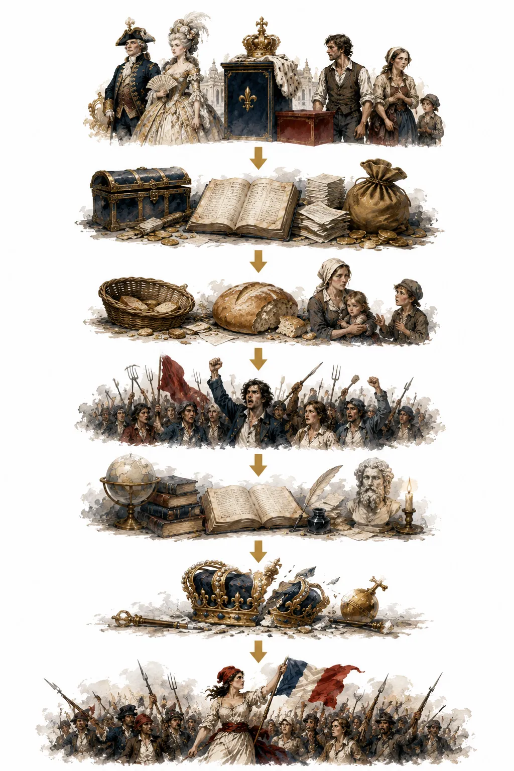 Timeline diagram showing the causes of the French Revolution from debt to the storming of the Bastille