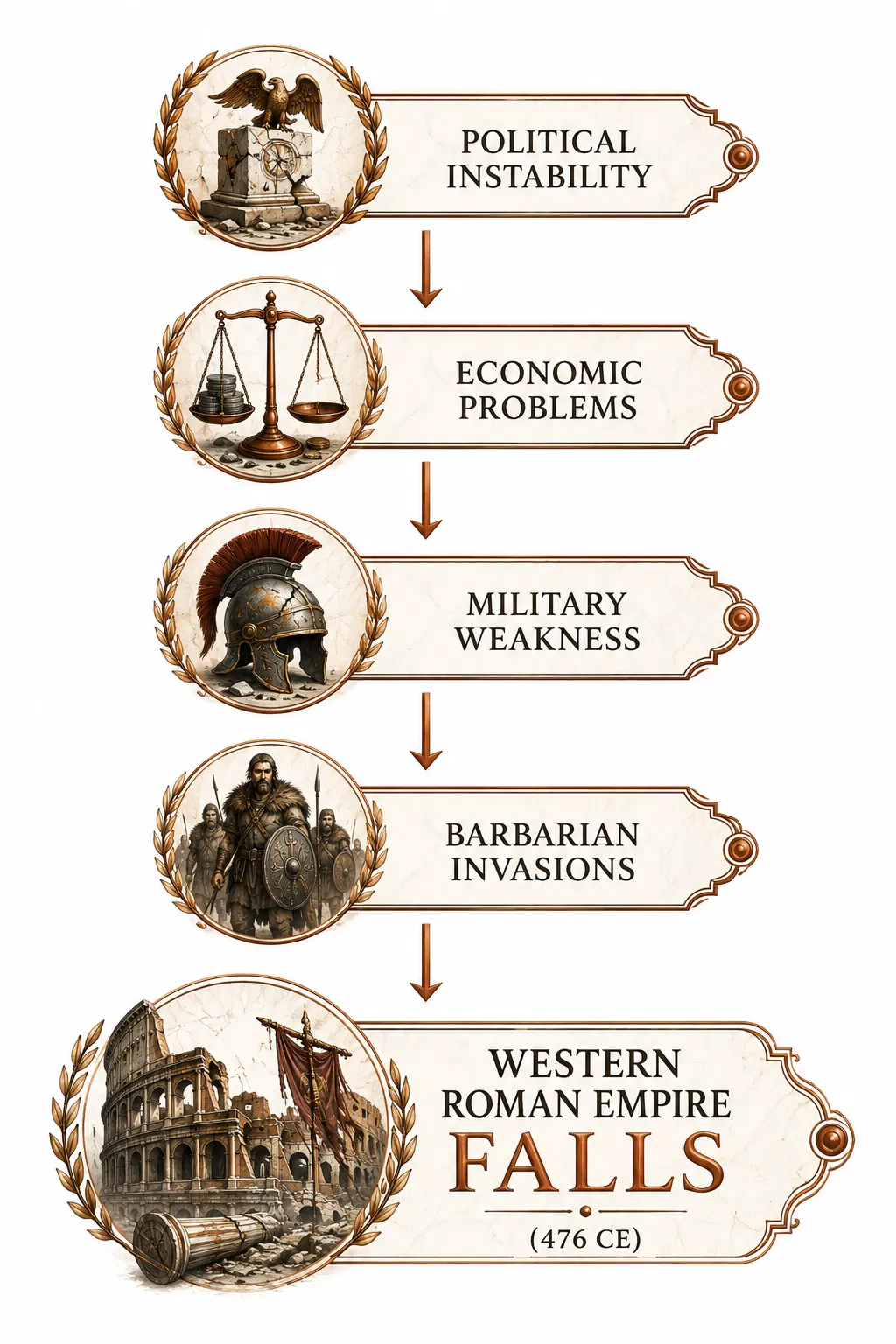 Timeline diagram showing economic decline, military failures and barbarian migrations