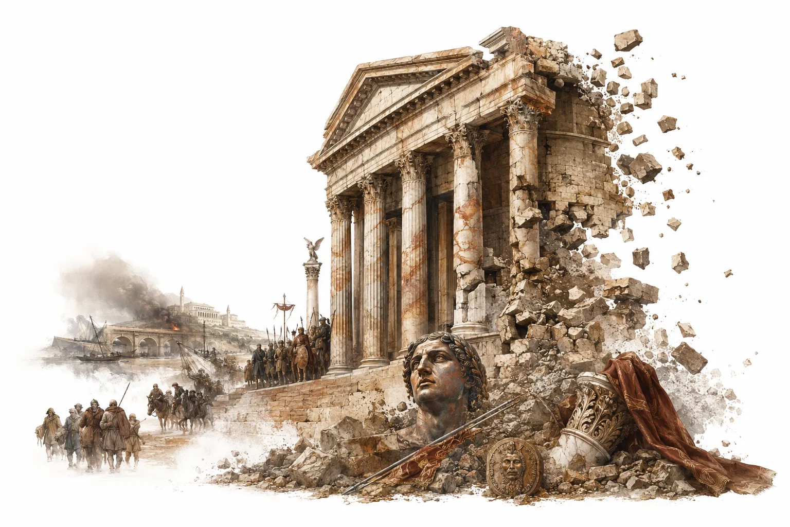 Editorial illustration of a crumbling Roman column next to a barbarian warrior