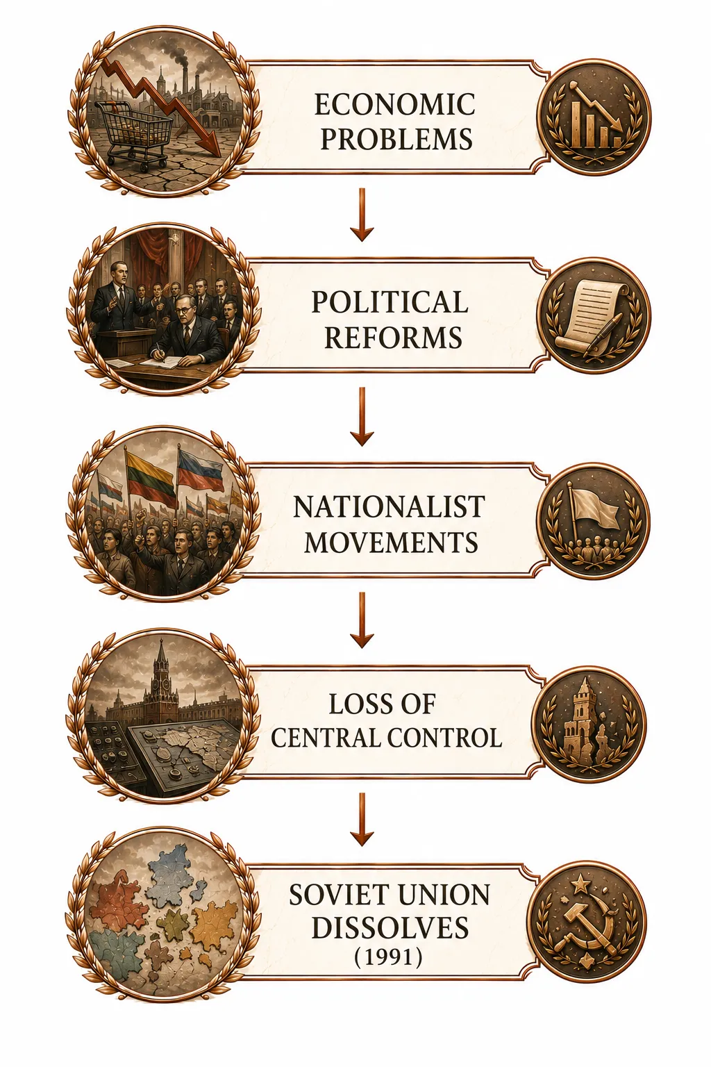 Flow diagram showing Gorbachev's reforms leading to unintended consequences