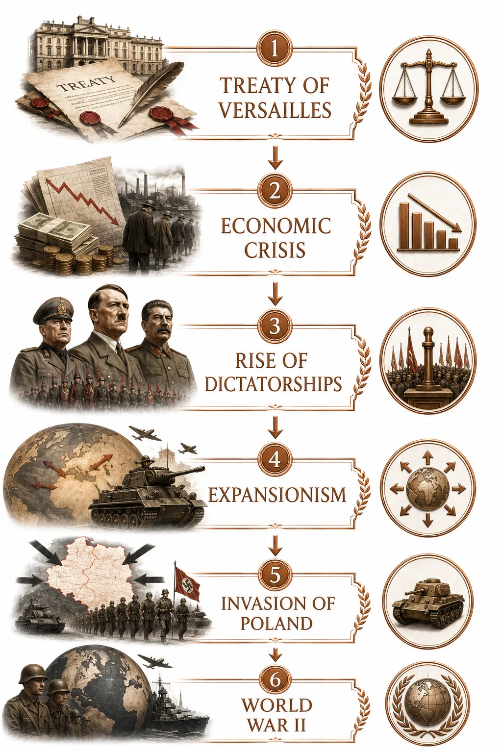 Timeline diagram from Treaty of Versailles to Hitler's rise to invasion of Poland