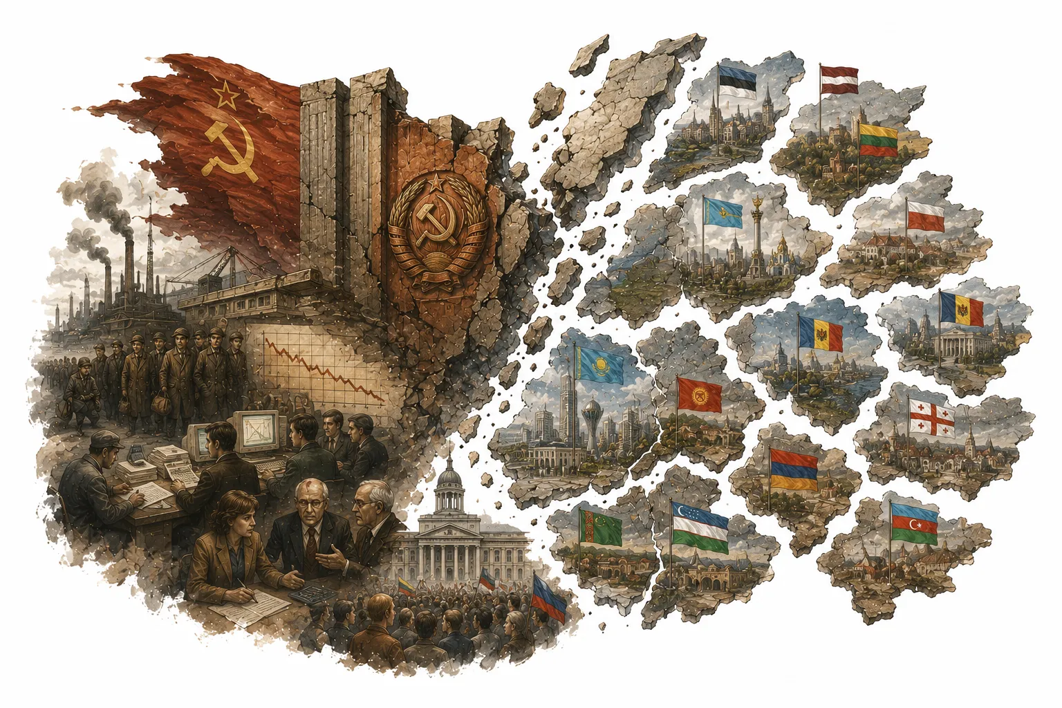 Editorial illustration of Hitler speaking at a rally with military flags