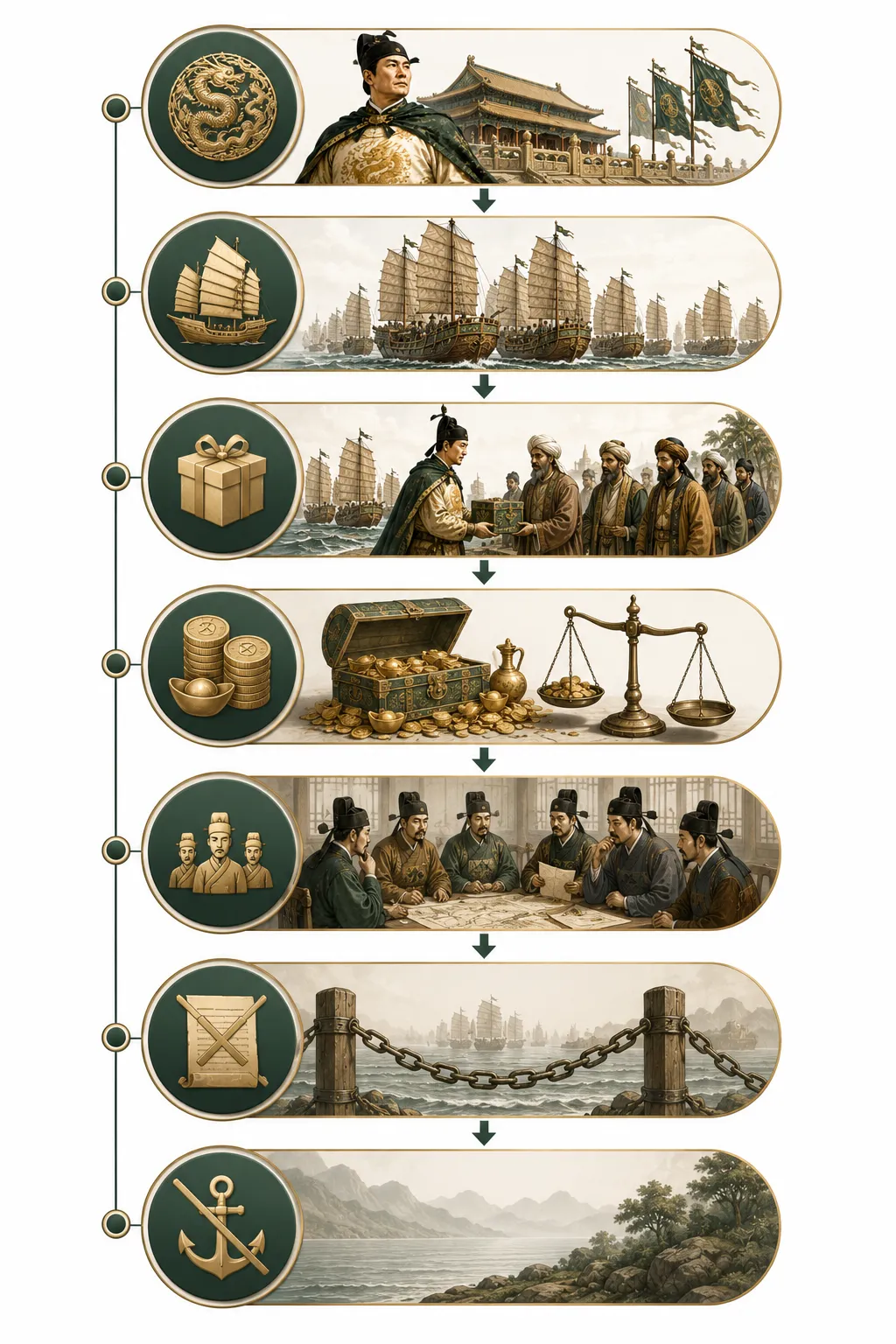 Timeline diagram showing Zheng He's voyages and the political changes that ended them