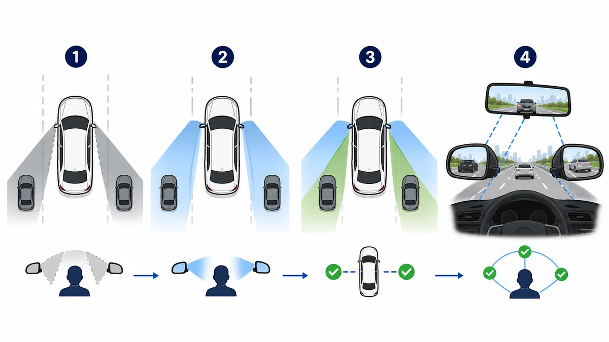 Infographic showing driver sight lines from left and right side mirrors reducing blind spots