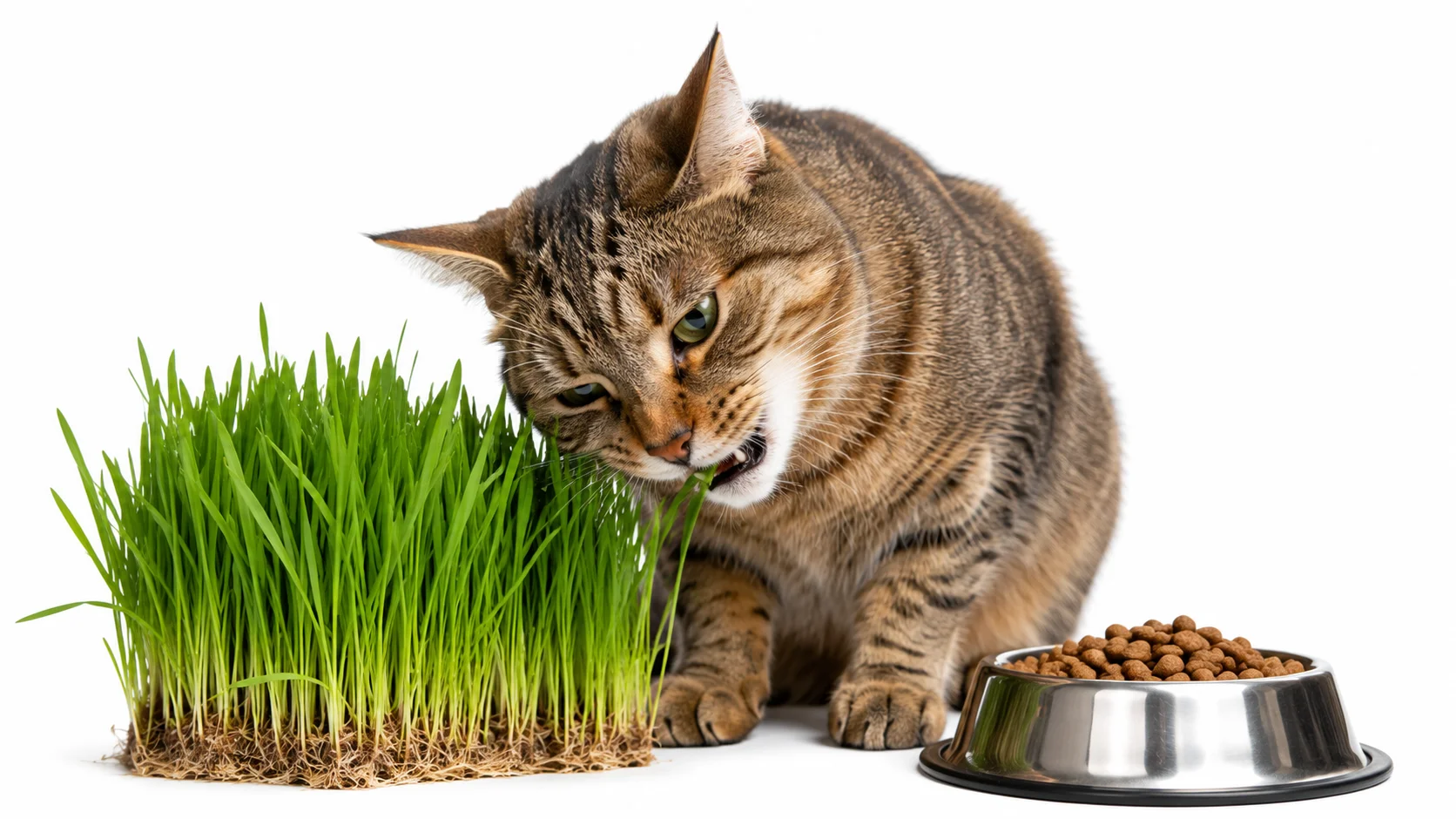 Cat chewing fresh grass in a garden