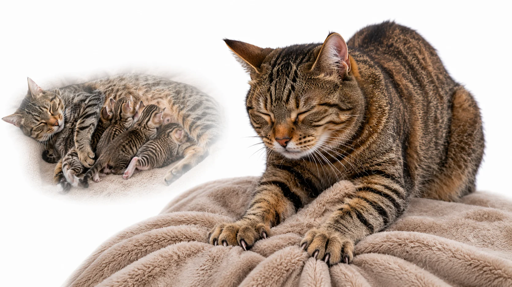 Close-up of a cat's paws kneading a soft blanket
