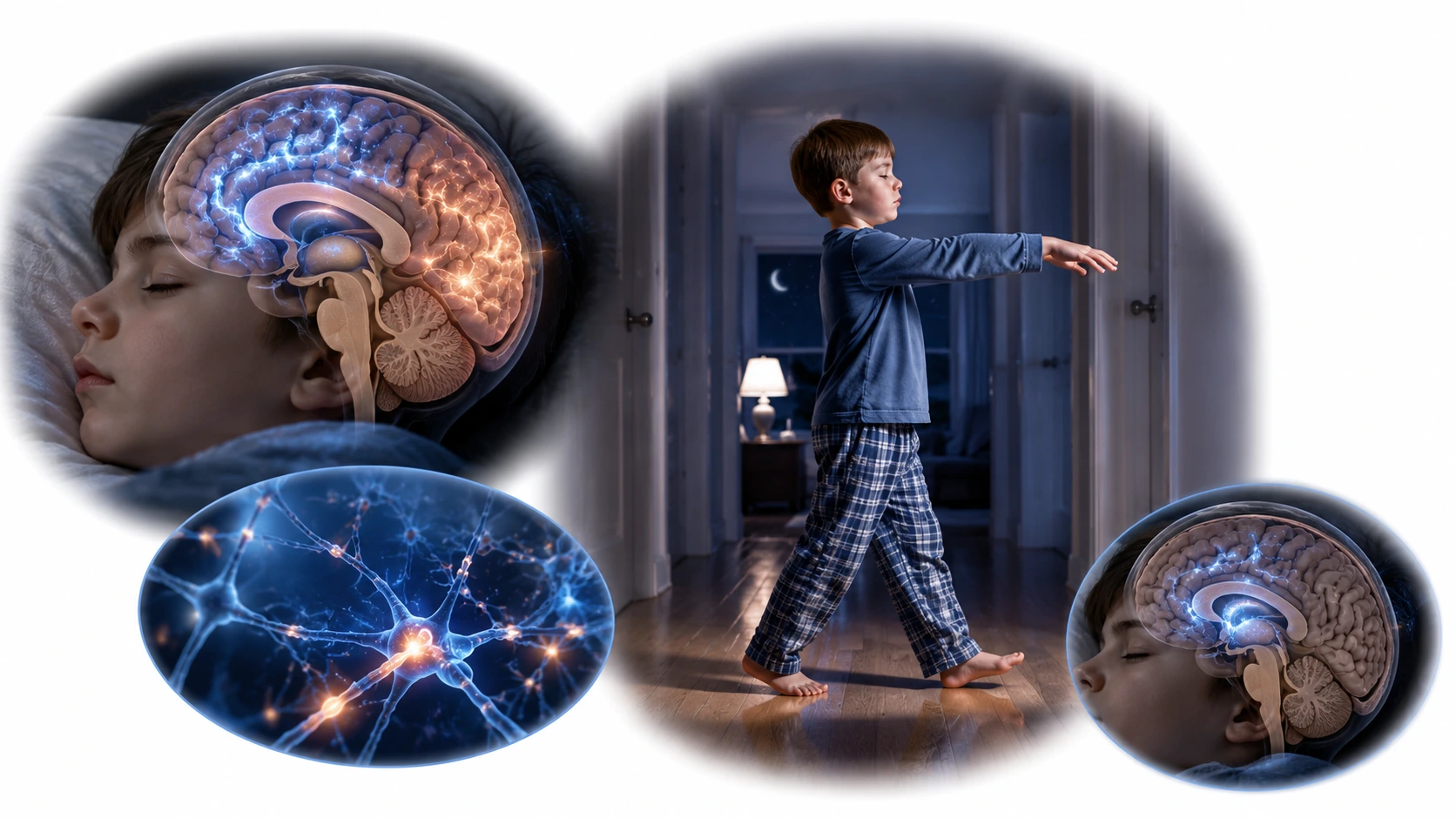 Child sleepwalking in a dim hallway at night