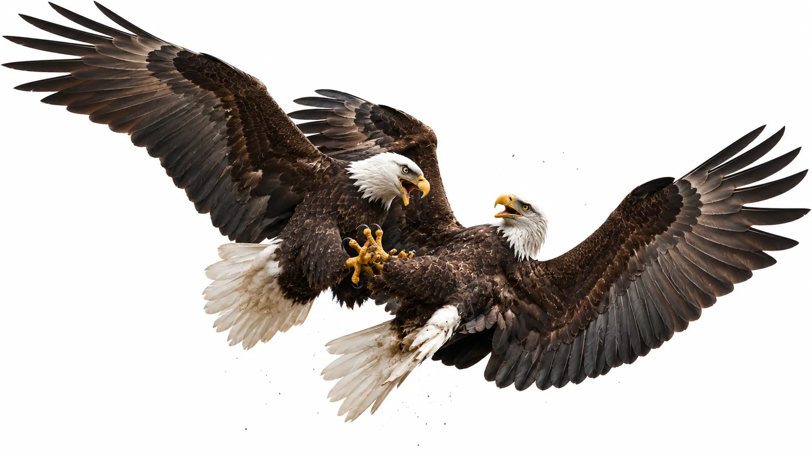 Two eagles locking talons while spiraling through the sky