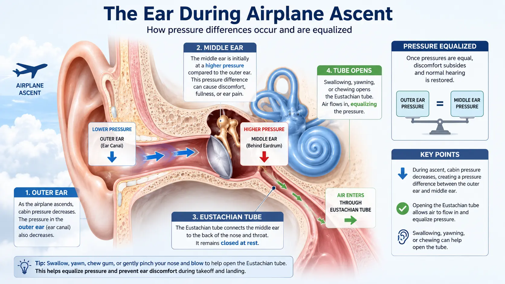 Diagram of ear anatomy showing eardrum, middle ear space, and Eustachian tube during pressure change