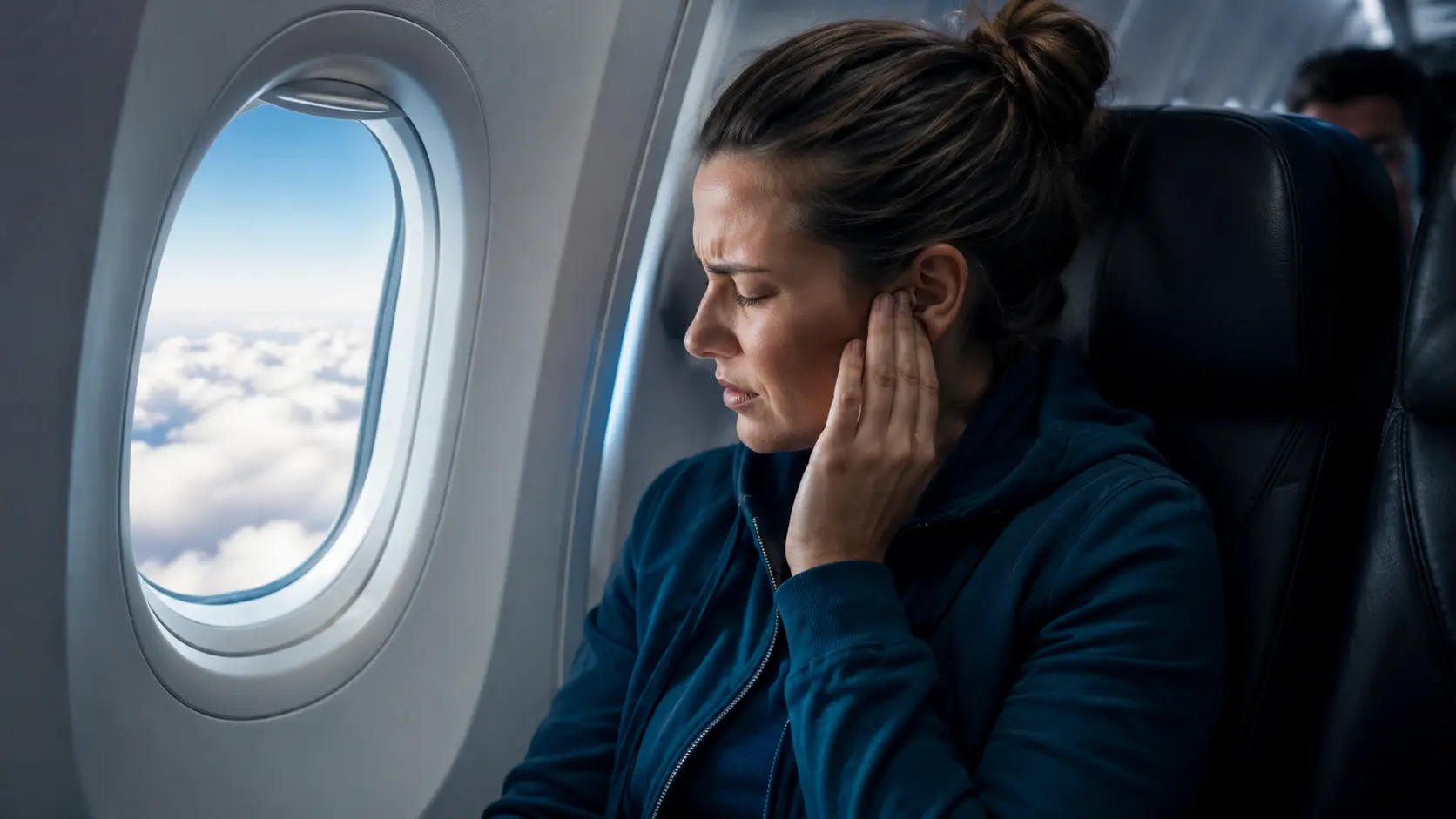 Person holding their ear on an airplane during takeoff