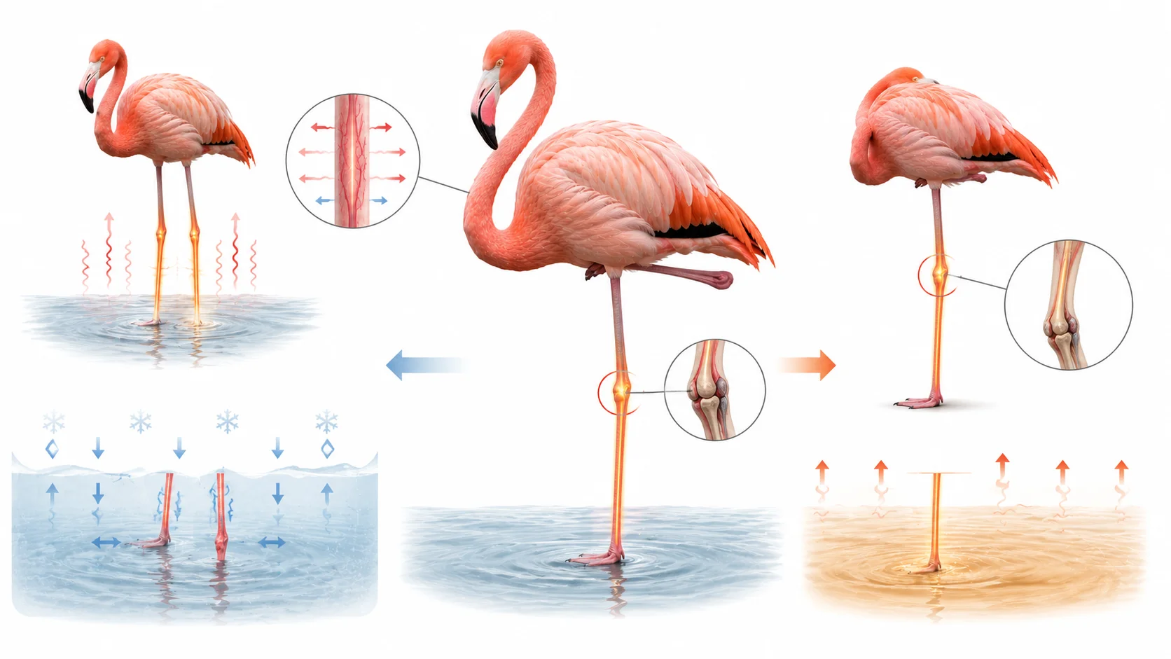 Diagram showing heat conservation and balance in a flamingo standing on one leg