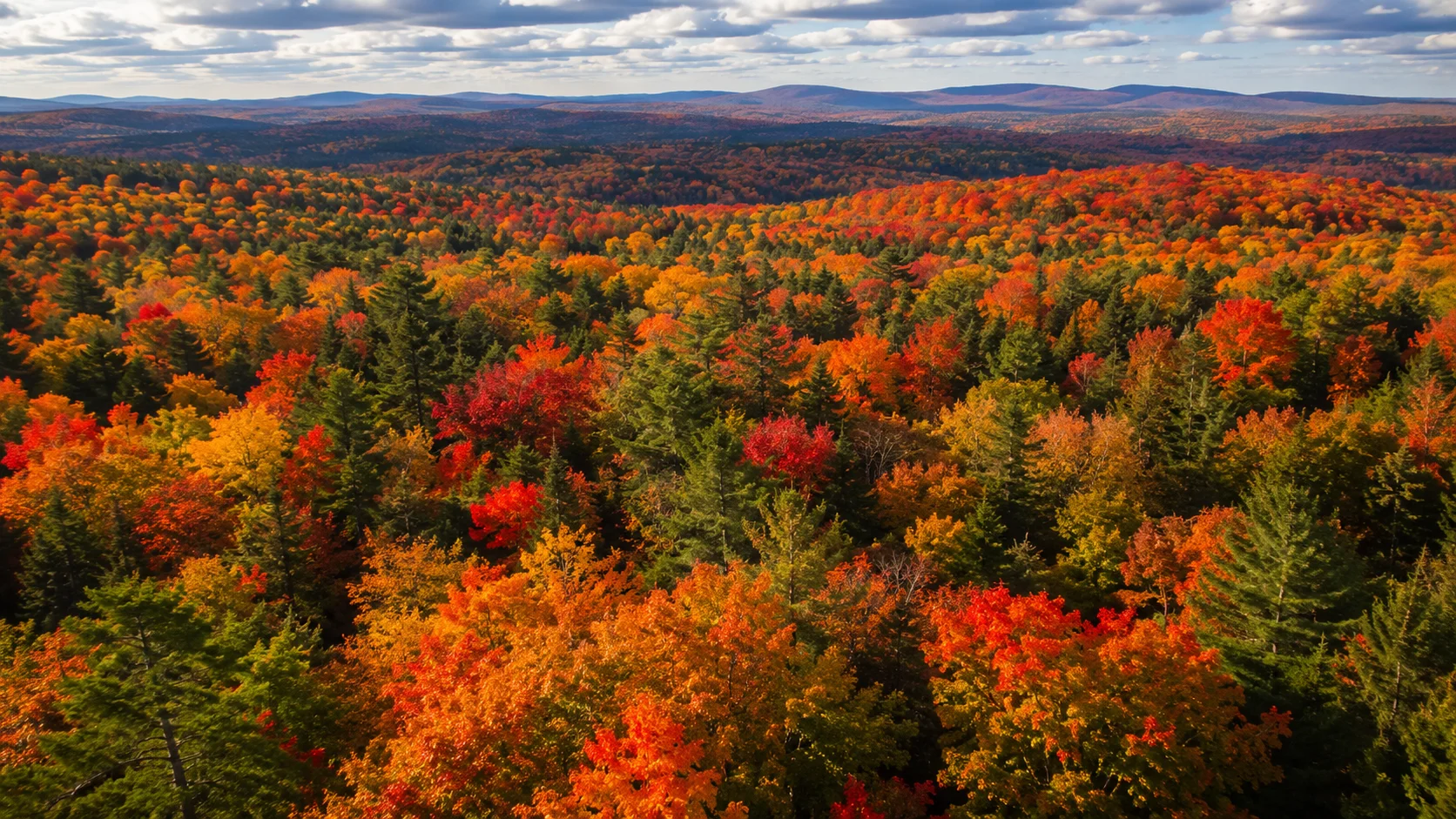 Forest canopy in peak autumn color with red, orange, and yellow leaves
