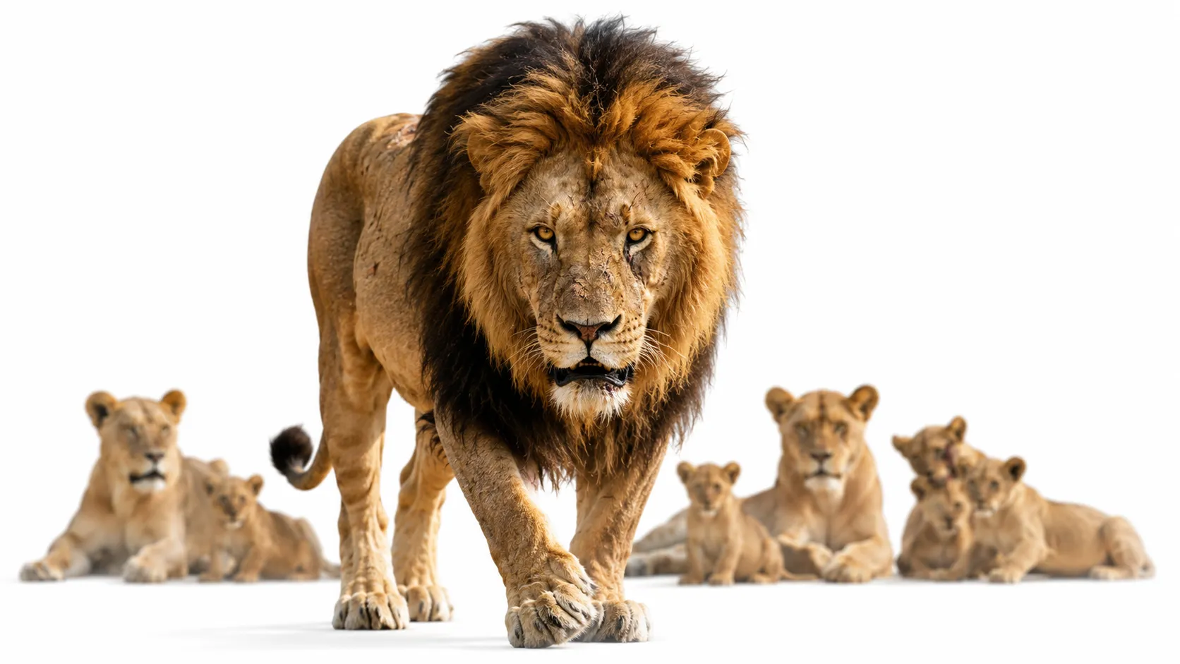 Dominant male lion standing in savanna grass