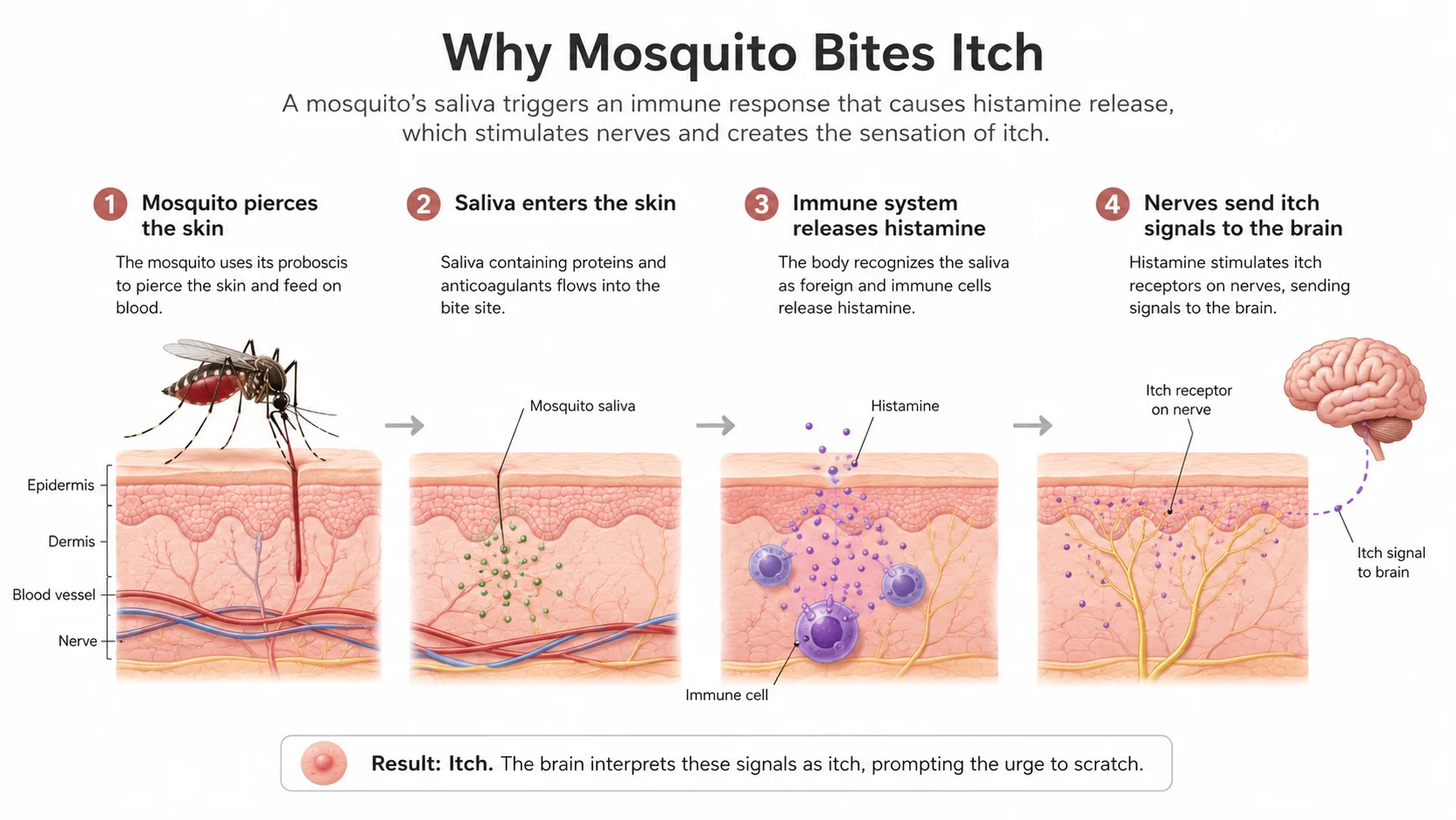Diagram showing mosquito injecting saliva, immune cell response, histamine release, and nerve activation