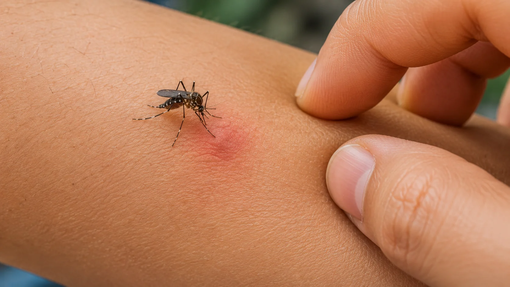 Close-up of a red, swollen mosquito bite on human skin