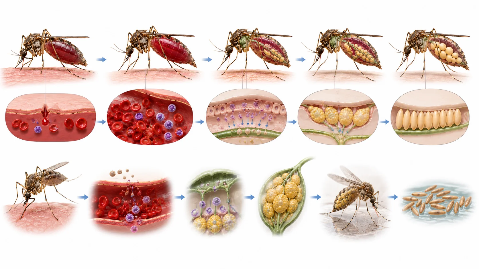 Diagram of mosquito reproductive cycle showing blood meal and egg laying stages