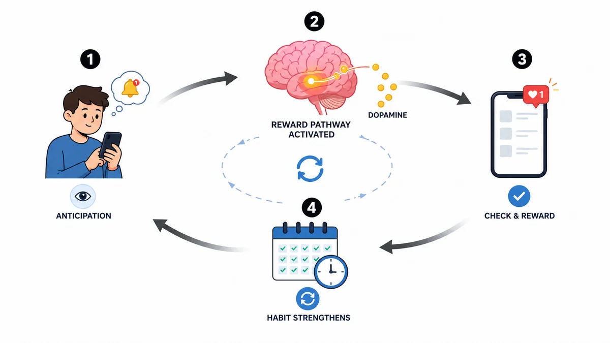 Infographic showing a phone checking habit loop between anticipation, reward pathways, and repeated behavior