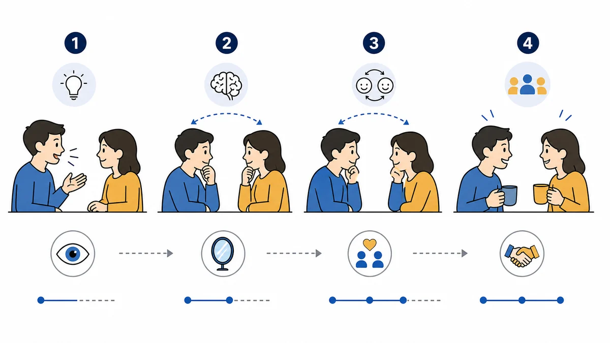 Infographic showing one person mirroring another person through posture, gestures, and social bonding arrows