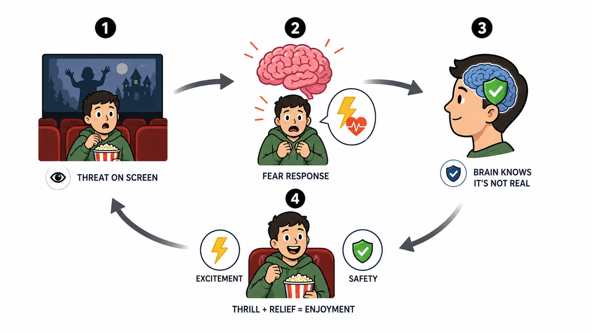 Infographic showing adrenaline, fear response, and safety awareness working together during a scary movie