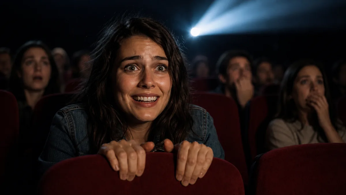 Person watching a screen in a dark room with a tense expression