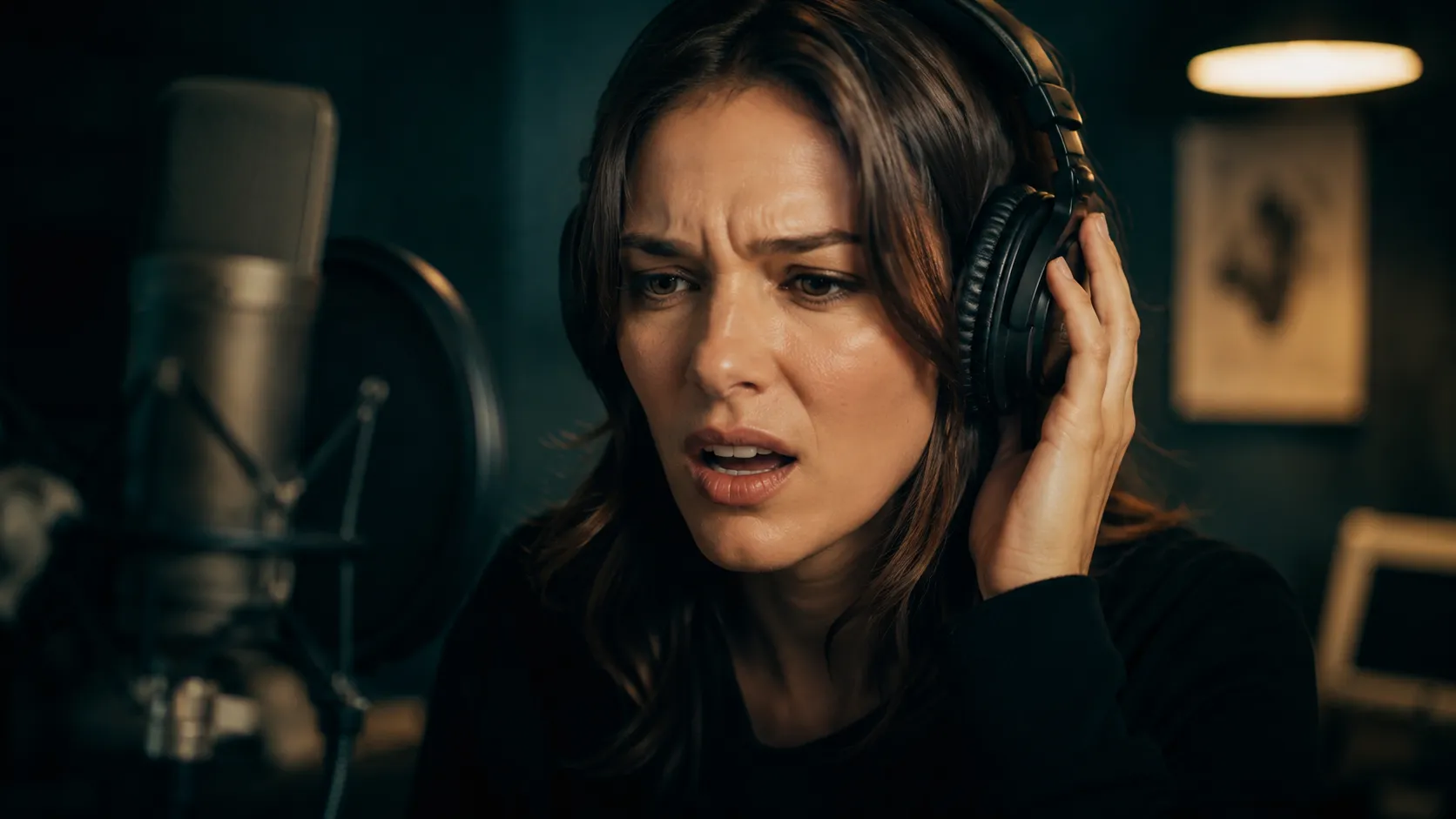 Person listening to a recording with a pained expression