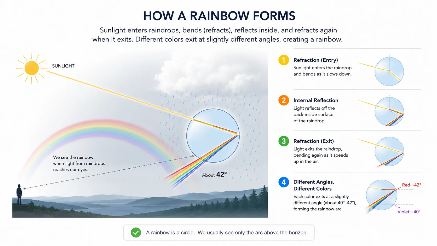 Diagram showing light entering a raindrop, refracting, reflecting internally, refracting again, and exiting at the specific angle that forms the rainbow arc