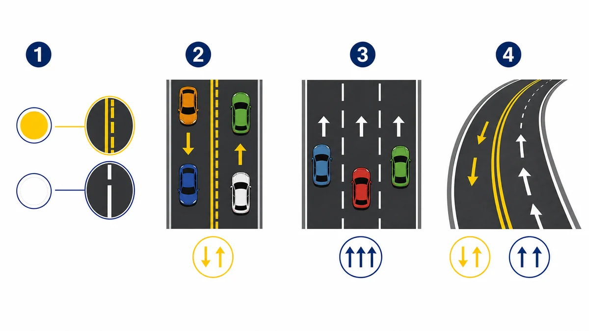 Infographic showing yellow road lines for opposing traffic and white lines for same-direction lanes