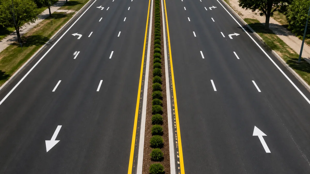 Road with clear white and yellow lane markings